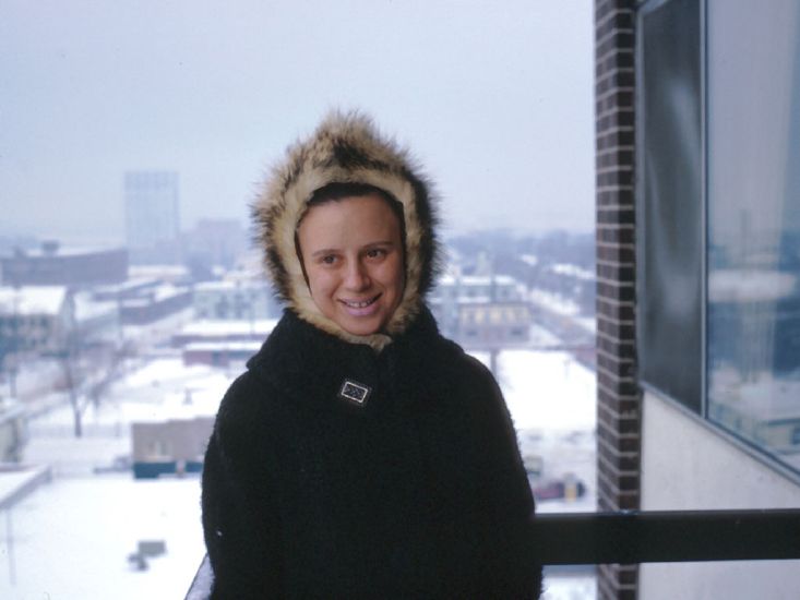 Wendy on our department balcony in Ottawa in winter 1966/7
